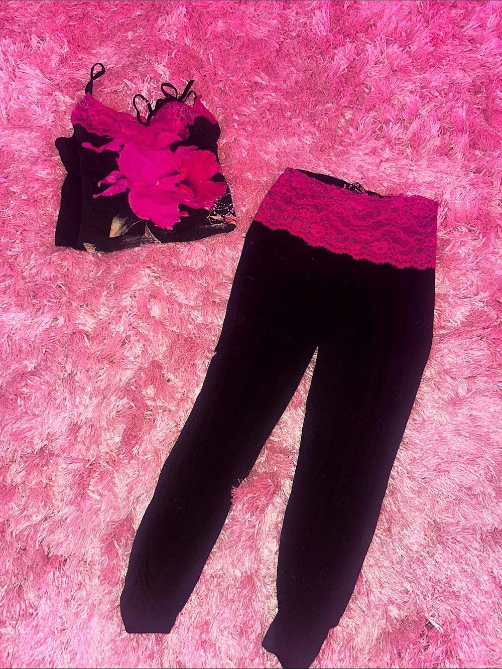 I.AM.GIA Floral Lace Bra and Leggings Set in Black & Pink XXS